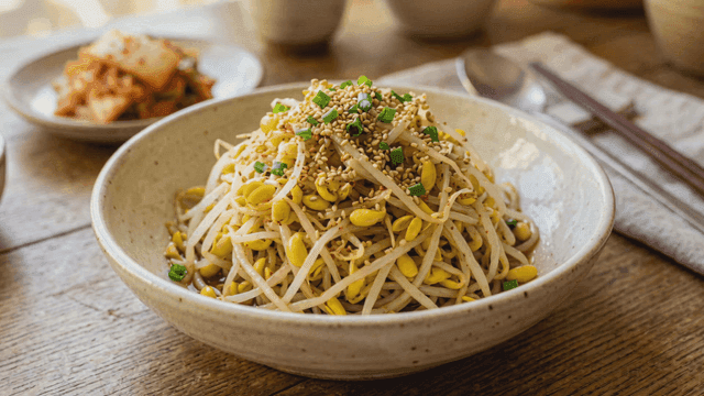 Seasoned bean sprouts served on plate