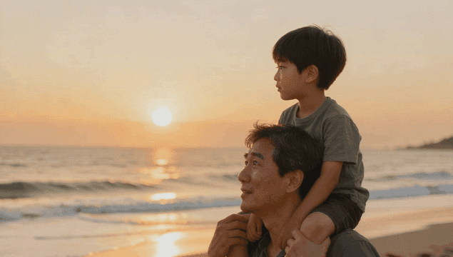 Father and son enjoying a sunset at the beach