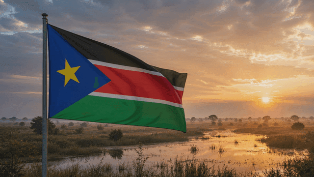 South Sudan flag in sunset-lit meadow