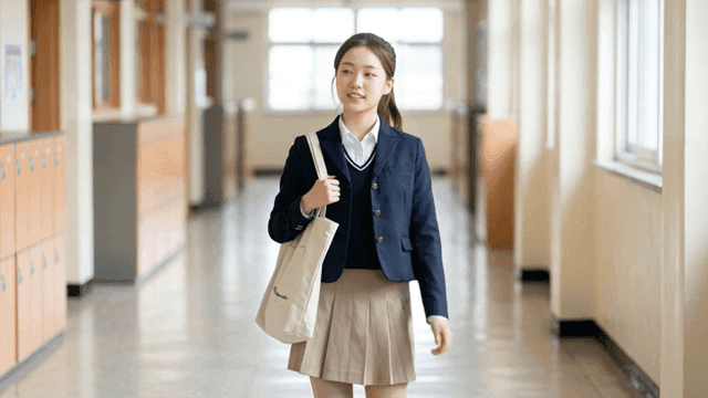 복도를 걷는 에코백을 매고 등교하는 여학생