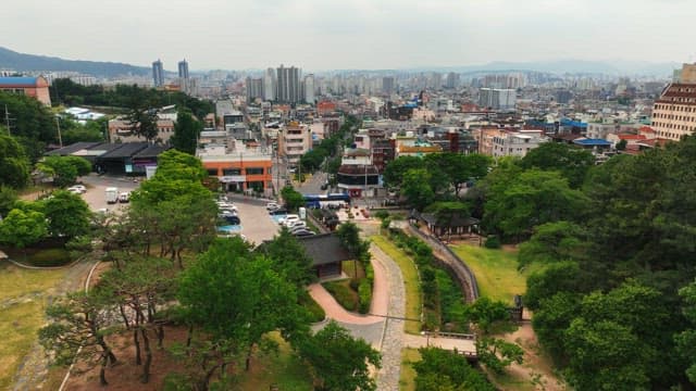 Traditional hanok village surrounded by lush trees