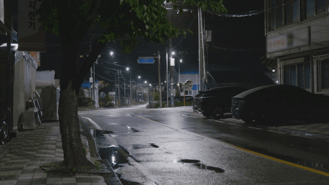 조용한 비 오는 밤의 텅 빈 시골 도로