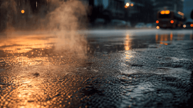 Raindrops falling on night road
