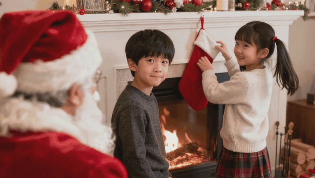 산타 할아버지와 벽난로에 양말을 거는 아이들