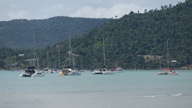 Tranquil Bay with Anchored Sailboats