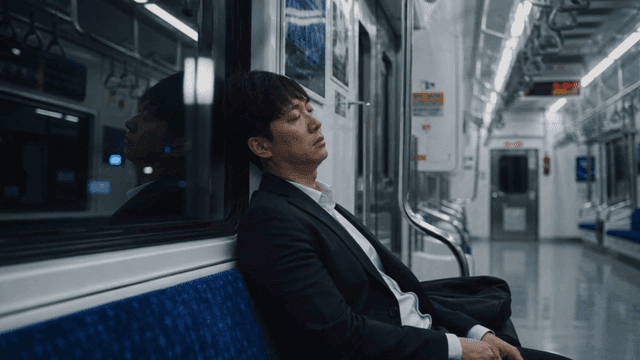 Tired office worker sitting on subway seat