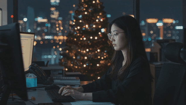 밤에 크리스마스 트리가 있는 사무실에서 늦게 일하는 여성