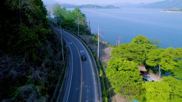 Vehicles Passing by the Green and Refreshing Lakeside