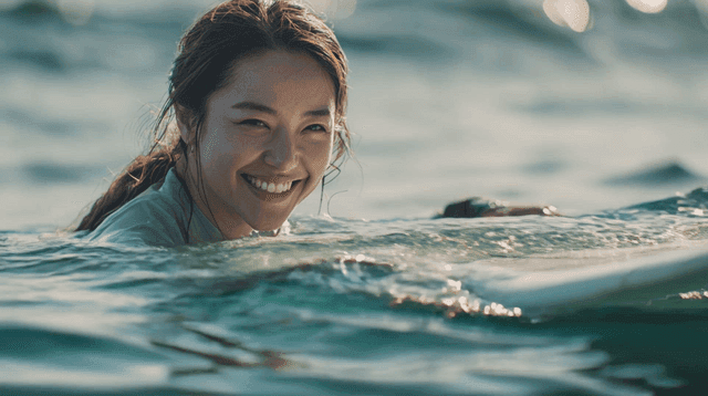 바다에서 서핑하며 미소 짓는 여성