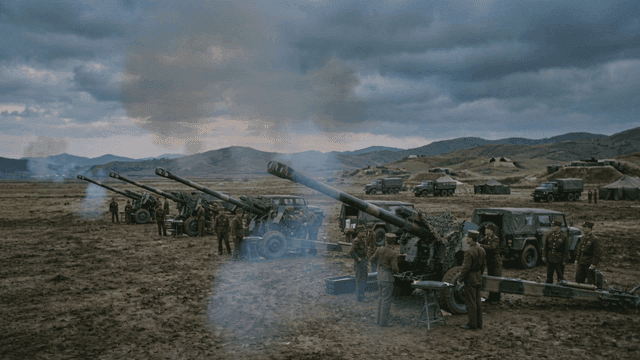 North Korean soldiers conducting artillery training outdoors
