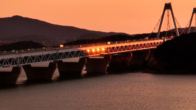 Bridge over water during sunset