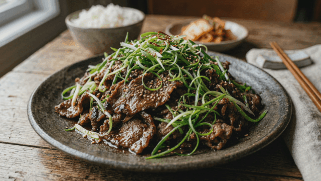 Plate of bulgogi topped with shredded green onions