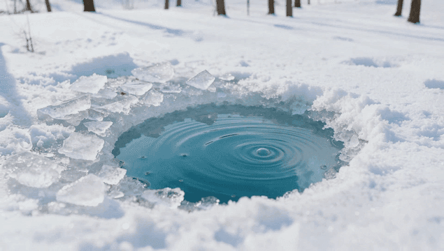 숲속 물결이 이는 얼음 구멍