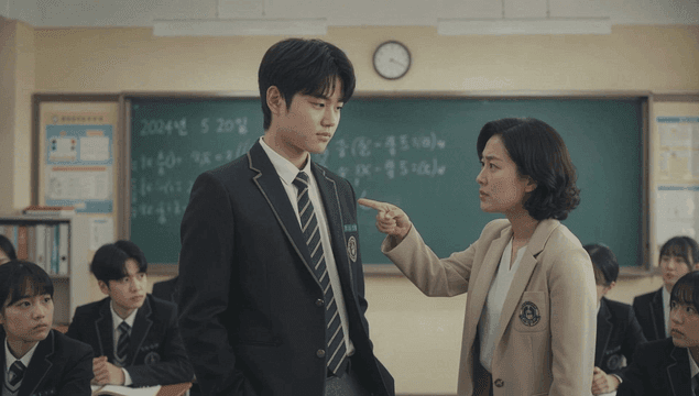 교실에서 주머니에 손 넣고있는 남학생을 꾸짖는 여자 선생님
