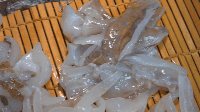 Fresh squid sashimi of various parts on bamboo mat