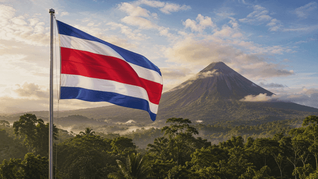 Costa Rican flag fluttering against mountain backdrop