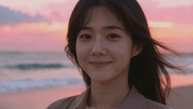 해질녘 해변에서 미소짓고 정면을 바라보며 웃는 젊은 여성