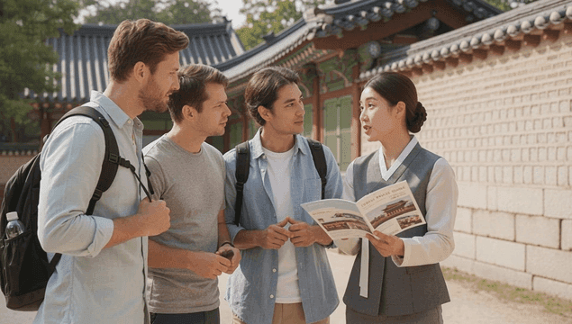 전통 한국 명소에서 관광객들에게 설명하는 한복입은 가이더