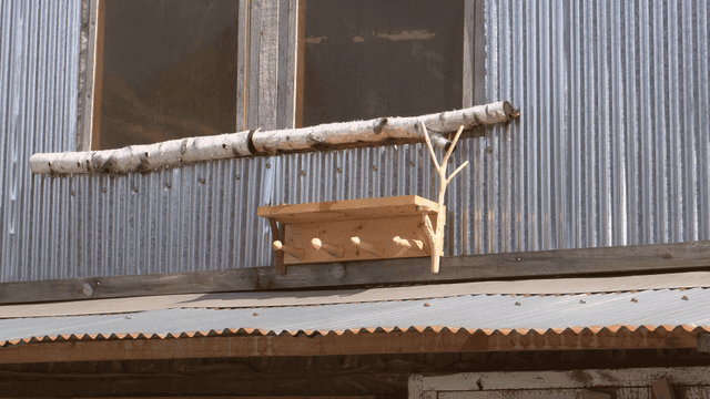 금속 벽 창문 아래 놓인 나무 선반