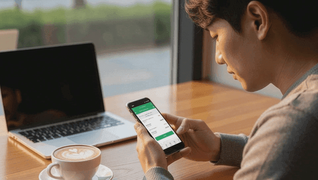 카페에서 스마트폰 어플을 확인하는 남자