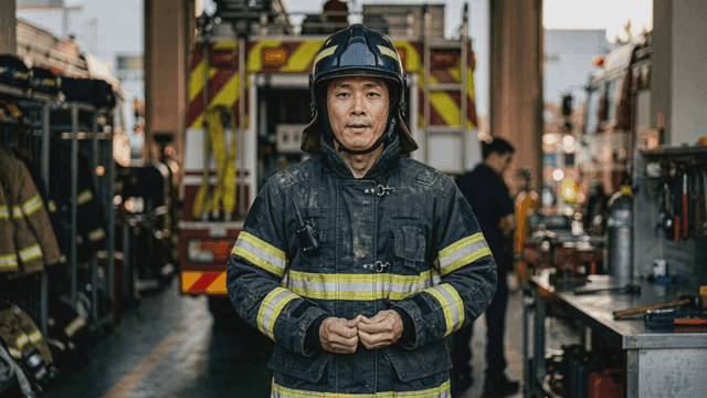 Firefighter standing in a fire station