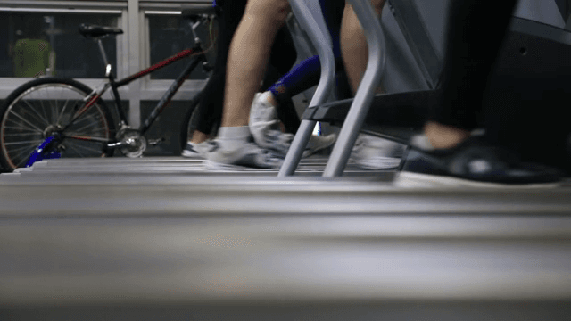 실내에서 러닝머신을 사용하는 사람들