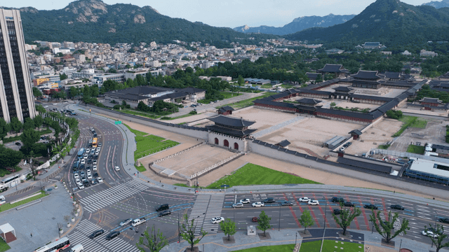 Aerial view of a historic palace and city