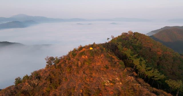 안개 낀 산 위 일출이 물들인 하늘