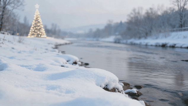 불이 켜진 크리스마스 트리와 눈 덮인 강가