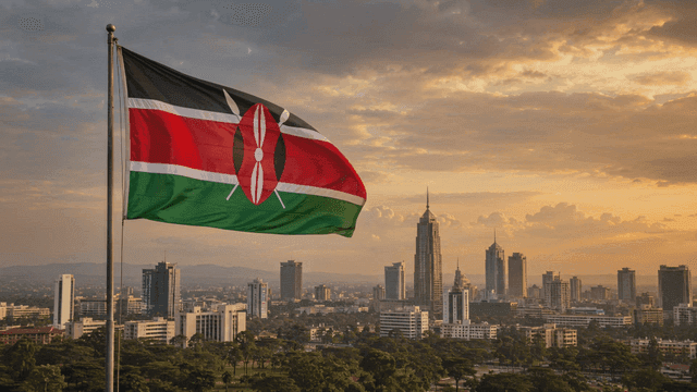 Kenyan flag waving over a city skyline
