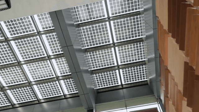 Modern building ceiling with grid pattern
