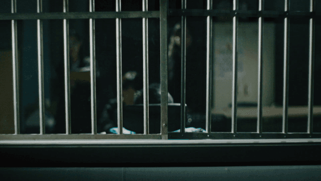 Back of investigator and suspect investigating through iron bars