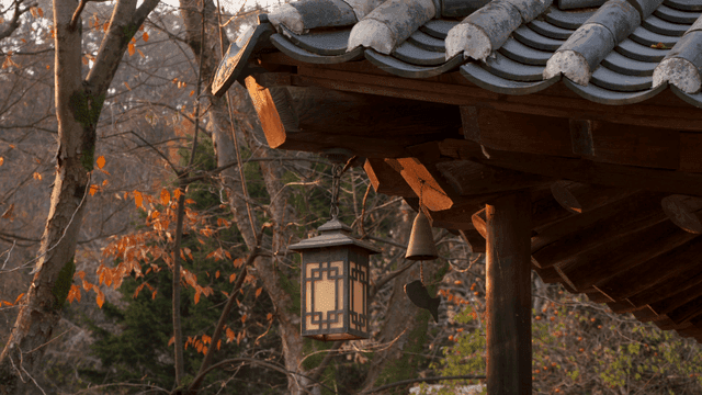 Traditional Korean house with autumn leaves