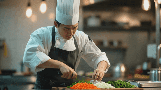 Chef slicing vegetables on cutting board with knife