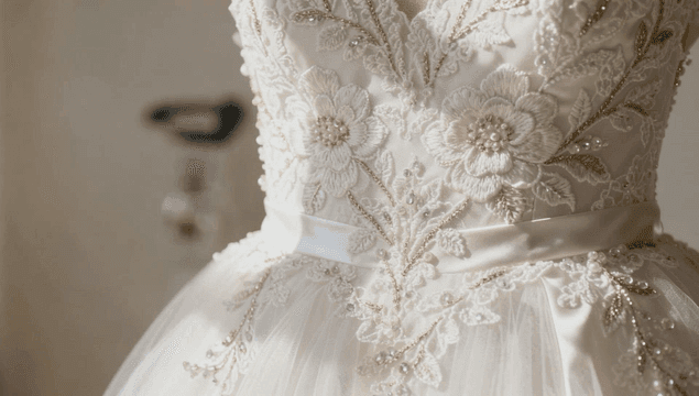 마네킹 위 웨딩드레스의 정교한 자수