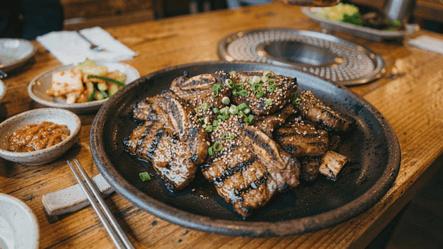 Marinated grilled ribs on restaurant table