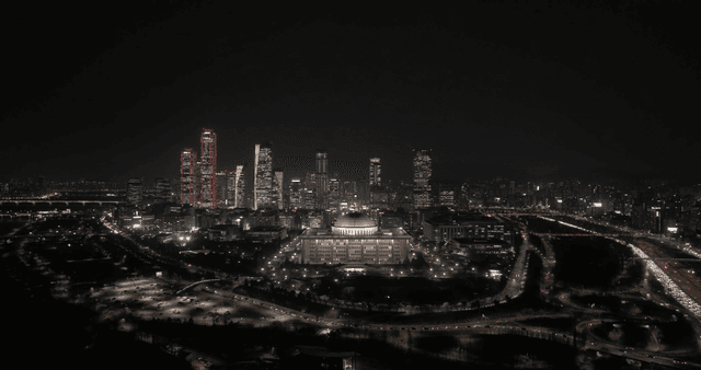 Night view of bustling downtown landmark skyline