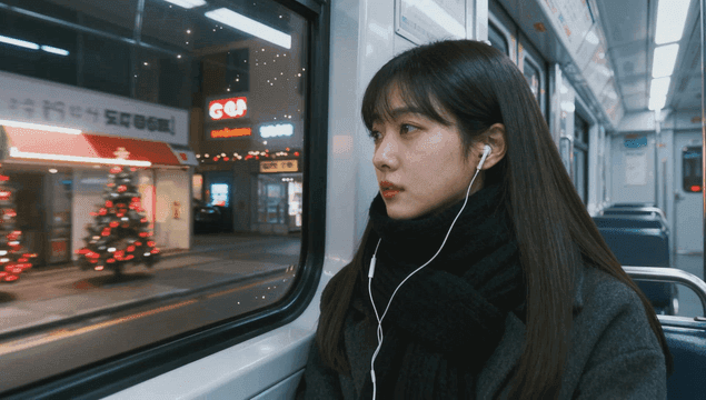 크리스마스 밤 전철에서 이어폰을 낀 젊은 여성