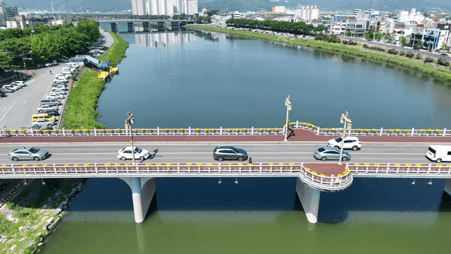 Bridge over a river in a cityscape