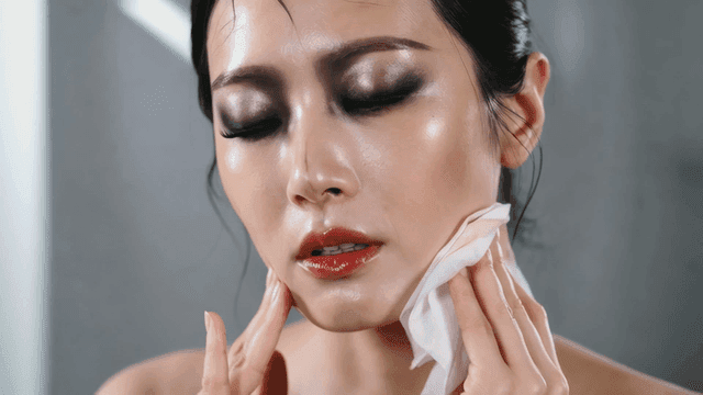 Woman removing makeup with cotton pad