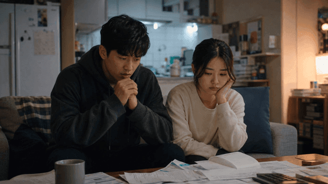 Couple resting their chins on their hands, deep in thought in front of pile of receipts