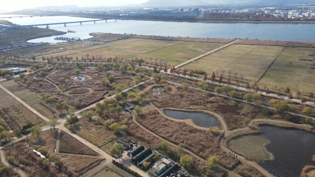 Scenic park with ponds and pathways