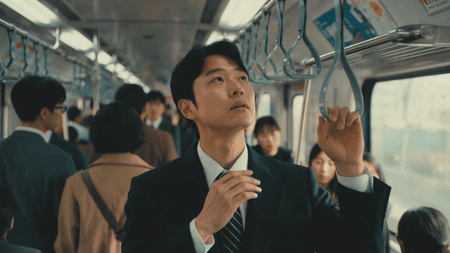 Man in suit commuting to work on crowded train