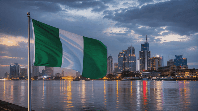 City night skyline with Nigerian flag by river