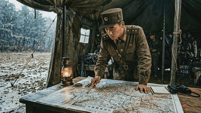 North Korean soldiers analyzing map inside rainy tent