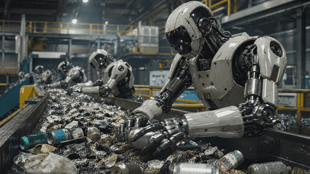 Robots sorting recyclables in a factory