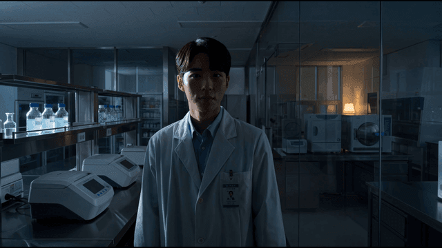 Smiling male scientist next to equipment in dark laboratory