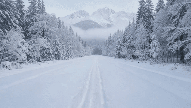 Snow-covered path through winter forest