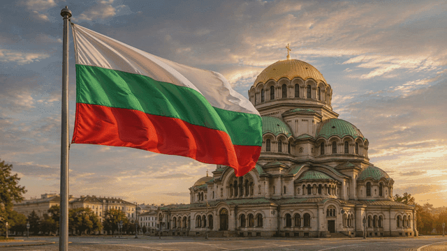 Historic Bulgarian cathedral with national flag