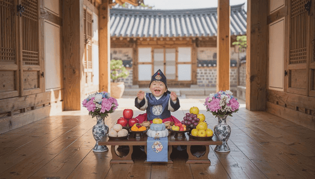 한국 전통 의상을 입은 아기의 돌잔치